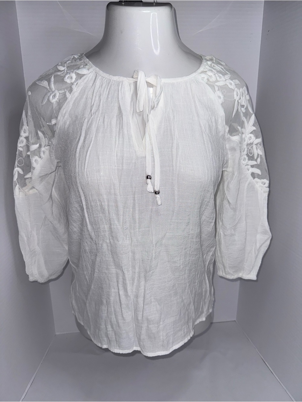 Unique Spectrum White Embroidered Tie-Neck Peasant Blouse